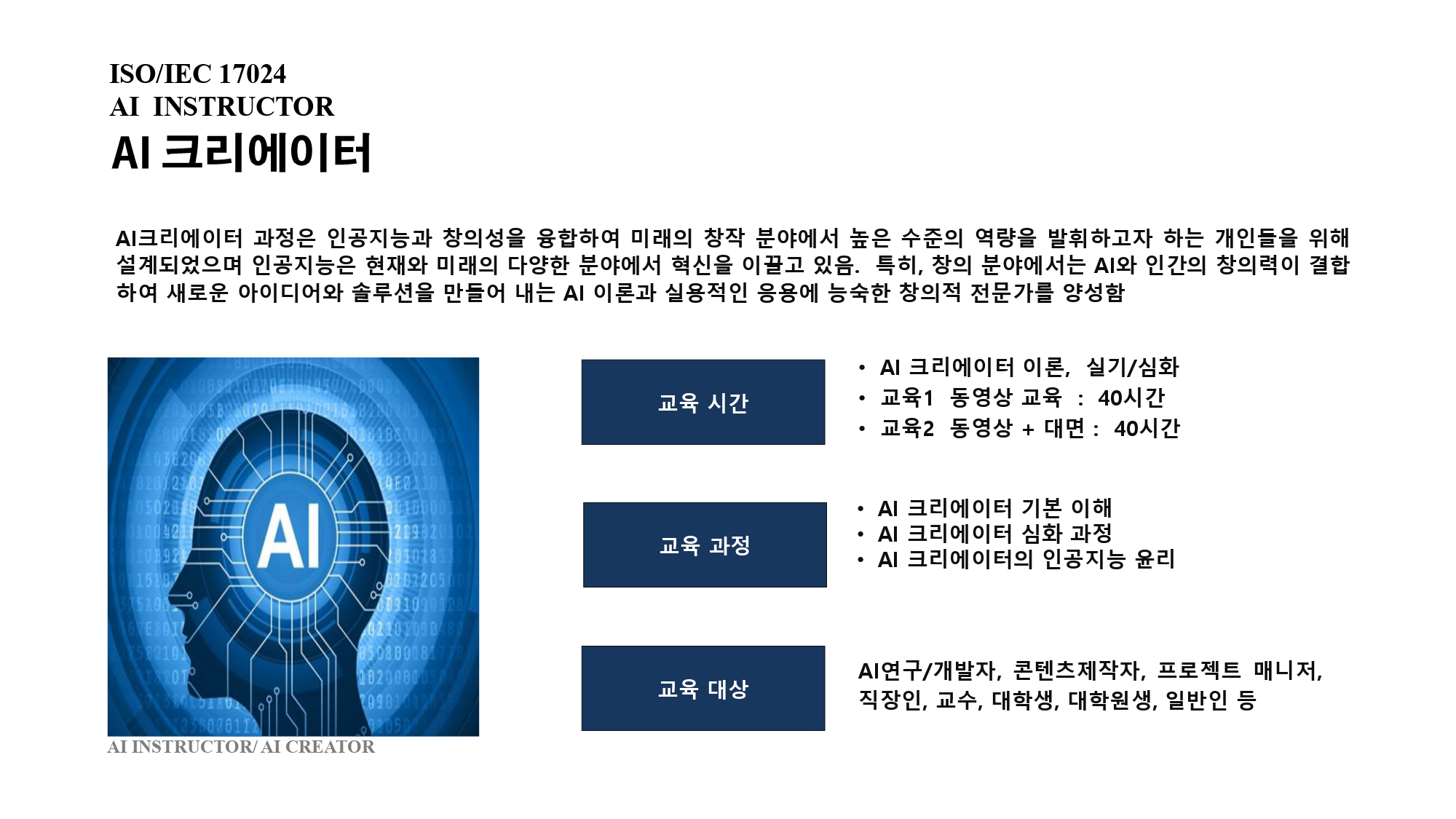ISO/IEC 17024 인공지능지도사 AI 크리에이터 국제자격증 교육시간, 교육과정, 교육대상