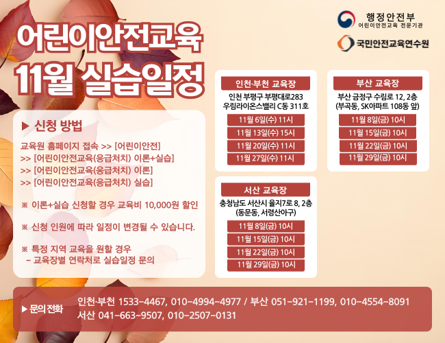 어린이안전관리법 어린이이용시설종사자 안전교육 / 학교보건법 교직원 심폐소생술 교육 2024년 11월 실습 일정